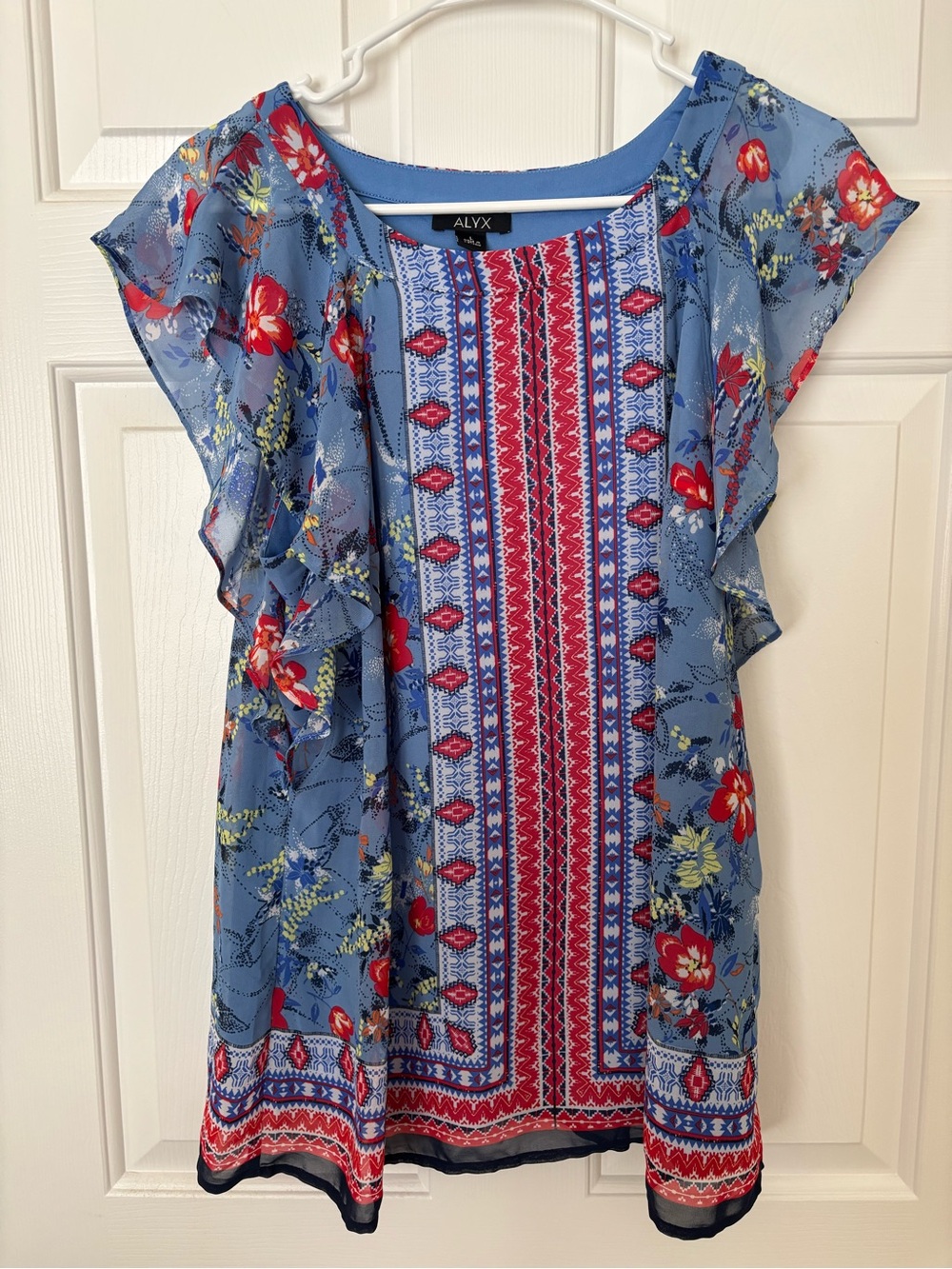 ALYX Blue Shirt with Red Geometric Border Print Large